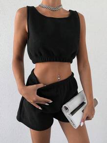 RueChic Solid Crop Tank Top & Shorts Lounge Set - Black and White - View 4