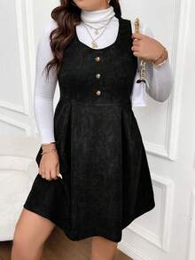 SHEIN Franclia 大碼前紐扣燈芯絨背帶洋裝無毛衣 - 黑色 - 查看 4