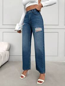 High Waist Ripped Straight Leg Jeans
