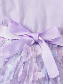 SHEIN Jong meisje Contrastgaas Ruchestrim Applicatie Jurk met riem