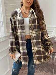 SHEIN Franclia Plus Plaid Print Drop Shoulder Drawstring Hooded Coat - Coffee Brown - View 5