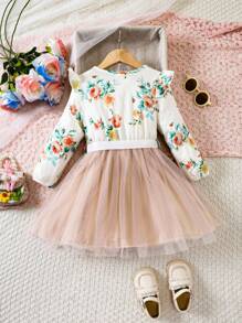 SHEIN Kleines Mädchen Kleid mit Gürtel, Blume Muster, Rüschenbesatz, Mesh Besatz,