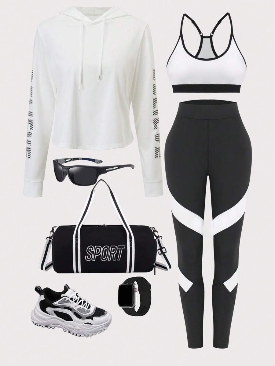 Easithlete 3Pcs Letter Graphic Sports Set Gym Clothes Workout Clothes,Women Tennis Outfit - Black and White - View 1