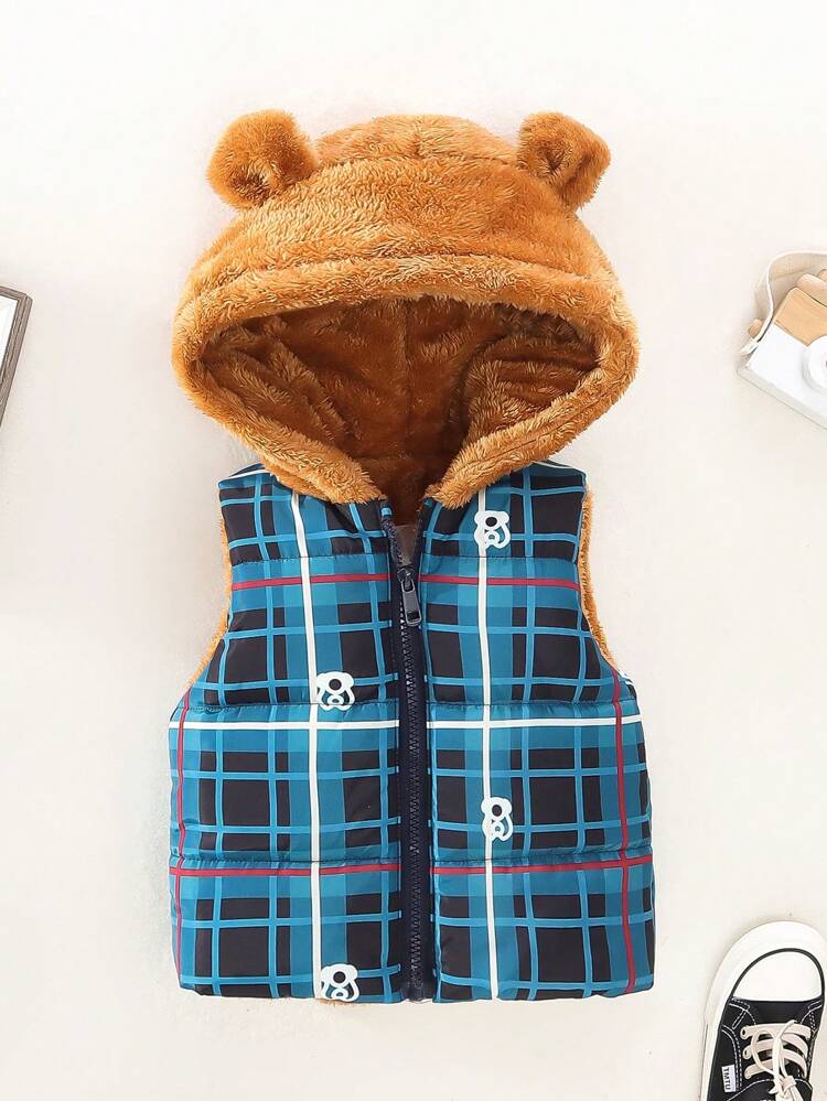 Baby Girl 1pc Bear Print Teddy Lined 3D Ear Design Hooded Vest Coat
