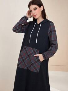 Graceveil 格子印花抽绳连帽运动衫连衣裙，长袖上衣，朴素 - 黑色 - 查看 6