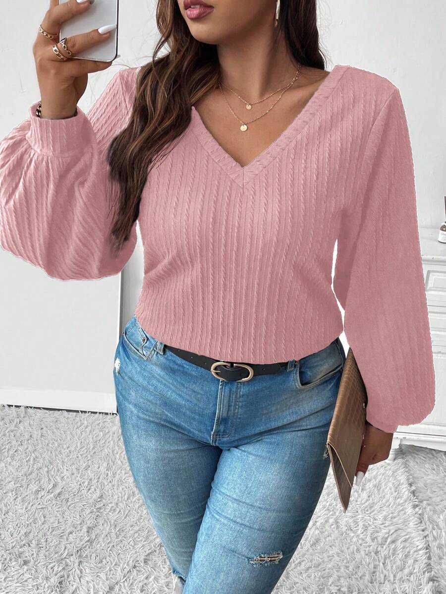 Calvaya Plus V Neck Lantern Sleeve Tee - Pink - View 1