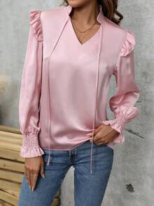 Chiquease Blusa de cuello con cordón ribete con fruncido de manga con volante - Rosa - Ver 5