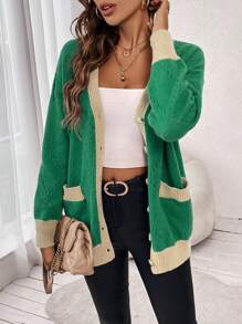 SHEIN Frenchy 拼接邊落肩袖口袋貼布開襟衫 - 綠色 - 查看 3