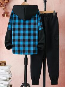 SHEIN Tween Boy Gingham Print Hooded Shirt & Pants Without Tee