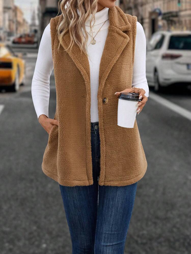 Lapel Neck Slant Pocket Teddy Vest Coat