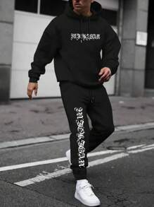 Manfinity LEGND 男士字母圖案抽繩連帽衫和運動褲 - 黑色 - 查看 1