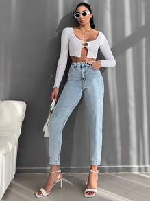 SHEIN Cottnline Ripped Tapered Jeans - Light Wash - View 5