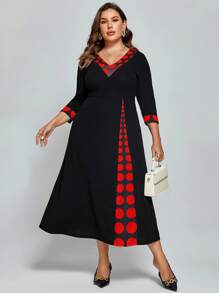 SHEIN Clasi Hơn Chấm bi Cổ v Váy chữ A - Đỏ - Xem 5