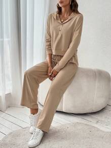 SHEIN Frenchy Nút Nửa Thả vai Hoodie & Eo dây rút Quần - Màu Khaki - Xem 4