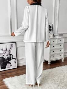 SHEIN Frenchy Panel Tương phản Khăn quàng Đôi ngực Blazer & quần - trắng - Xem 2