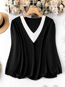 SHEIN Clasi Plus Contrast Panel Lantern Sleeve Blouse - Black - View 1