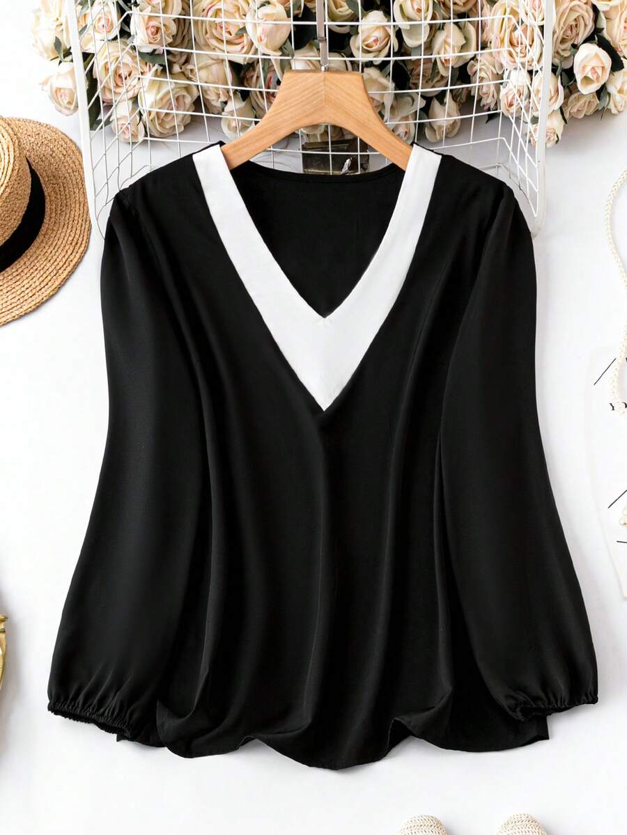 SHEIN Clasi Plus Contrast Panel Lantern Sleeve Blouse - Black - View 1