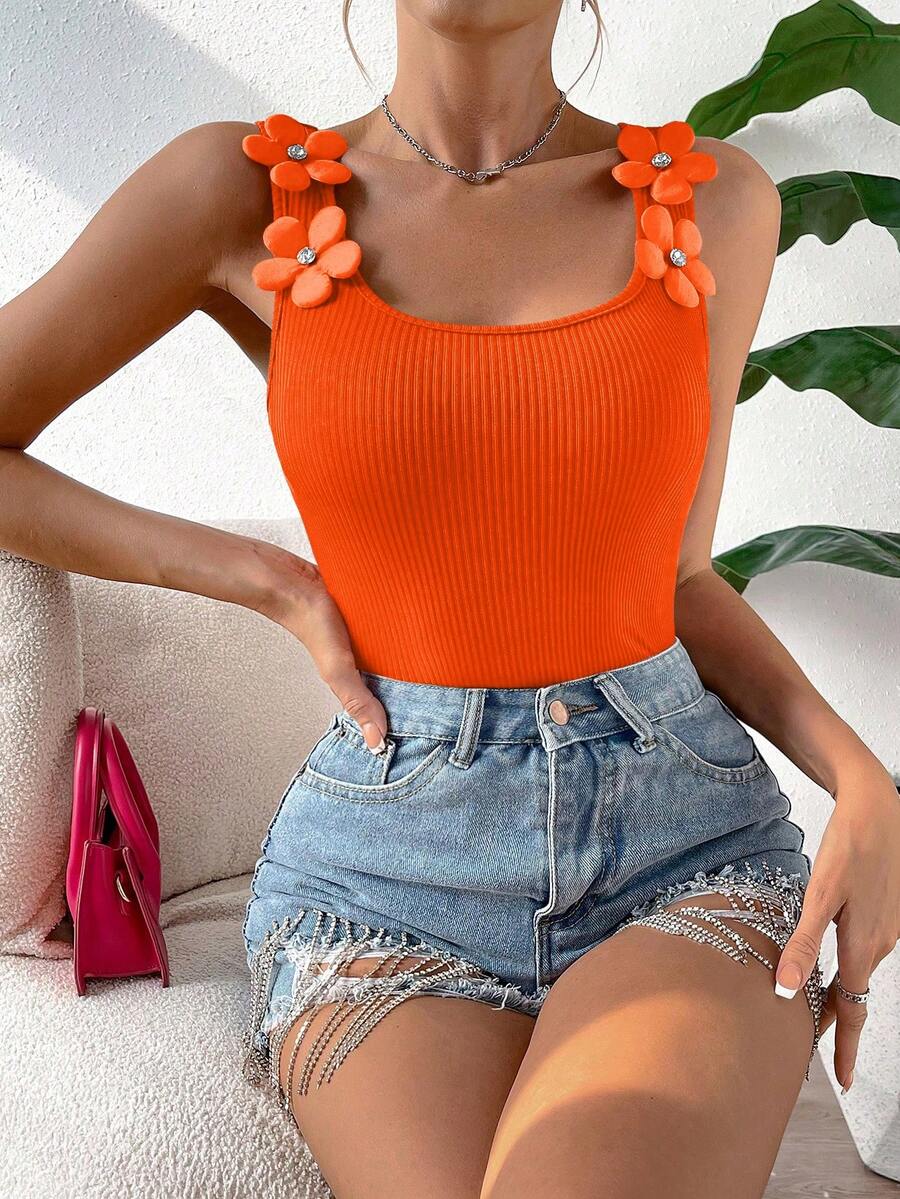 SHEIN Privé Chi tiết Appliques Đồ đan Ribbed Áo ba lỗ - trái cam - Xem 1