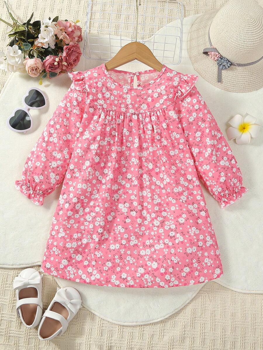 SHEIN Cô Gái Trẻ In hoa Ditsy Viền Ruffle tay áo lá sen Đầm - Nhiều màu - Xem 1