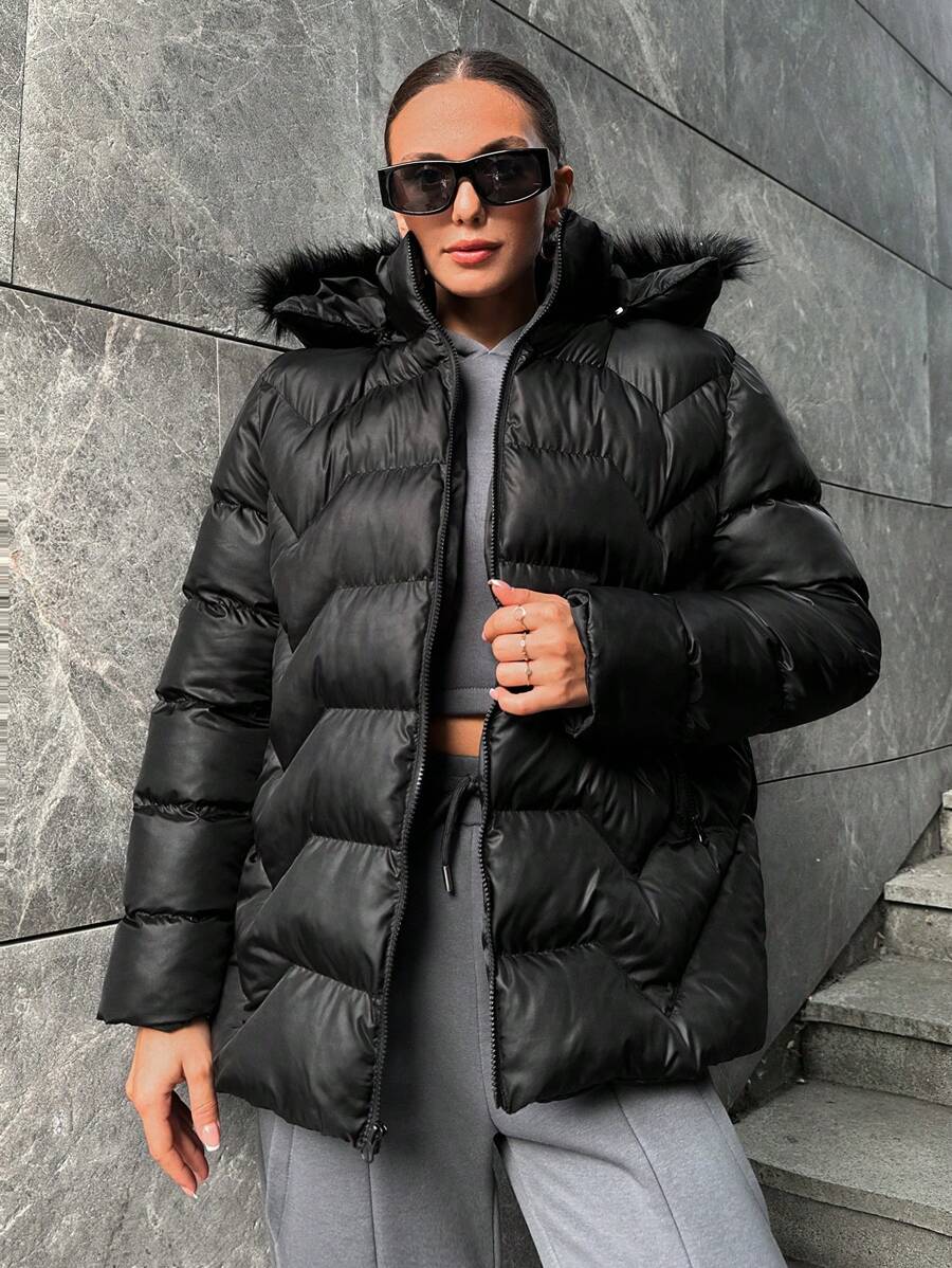 SHEIN Cottnline Fuzzy Trim Hooded Puffer Coat - Black - View 1