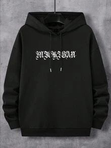 Manfinity LEGND 男士字母圖案抽繩連帽衫和運動褲 - 黑色 - 查看 4