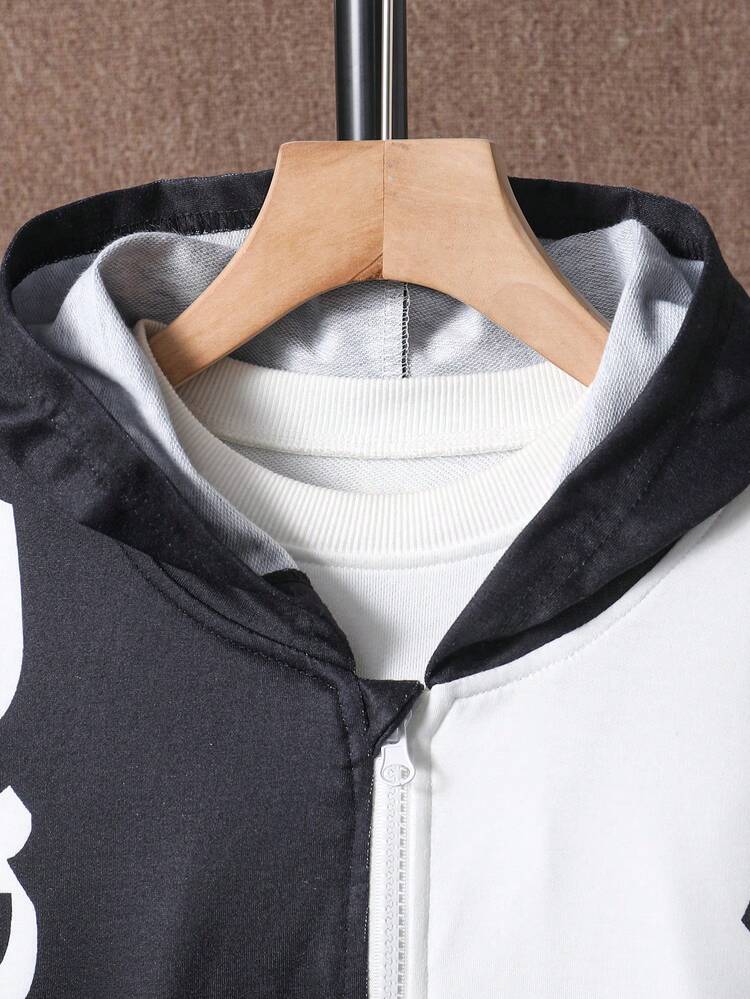 Tween Boy Two Tone Letter Graphic Hooded Jacket & Sweatpants Without Tee