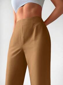 EURMUSE Solid Split Hem Straight Leg Pants - Khaki - View 5