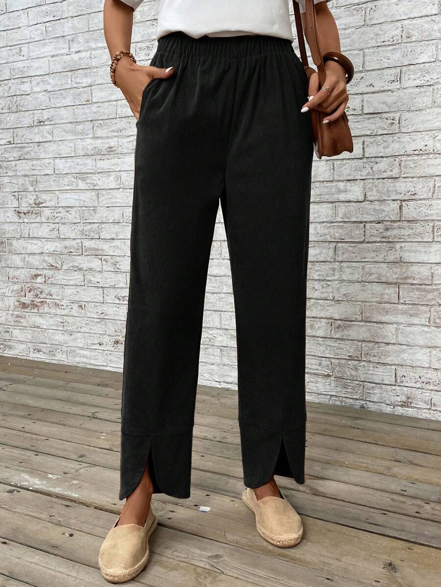 EMERY ROSE 素色斜口袋長褲 - 黑色 - 查看 1