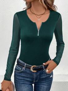SHEIN LUNE Camiseta de malla en contraste con cremallera media - Verde - Ver 6