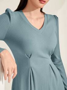 Mulvari Solid Plicated Detail Puff Sleeve A-line Dress - Dusty Blue - View 7