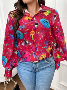 Flirla Plus Halloween Print Lantern Sleeve Shirt - Hot Pink - View 3