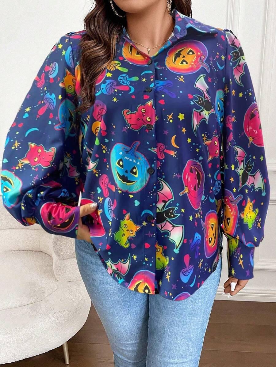 Flirla Plus Chemise Dessin Animé Manches Bouffantes