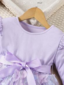 SHEIN Jong meisje Contrastgaas Ruchestrim Applicatie Jurk met riem