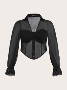 SHEIN ICON 大碼翅膀印花喇叭袖網紗襯衫