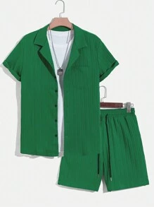 Manfinity Homme Men Solid Lapel Neck Shirt & Shorts - Green - View 5