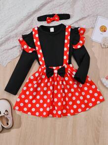 SHEIN Young Girl Polka Dot Ruffle Trim Tee & Bow Front Pinafore Skirt & Headband - Multicolor - View 1