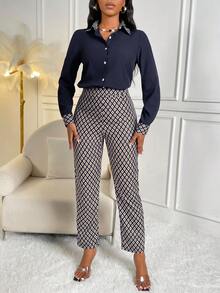 SHEIN Lady Geo Print Shirt and Pants Set - Navy Blue - View 4