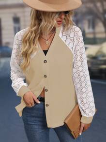 SHEIN LUNE Contrast Lace Raglan Sleeve Button Front Blouse - Mint Green - View 4