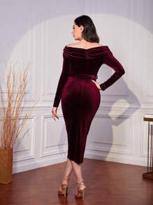 Modelyn Burgundy Red Off Shoulder Ruched Asymmetrical Hem Belted Velvet Dress - Burgundy - View 2