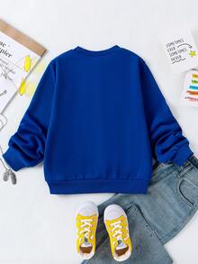 SHEIN 女大童長毛絨絲絨字母圖案休閒運動衫適用於秋冬 - 藍色 - 查看 2