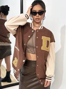 SHEIN Unity Thư được vá Sọc trang trí Thả vai Áo khoác Đại học - màu nâu - Xem 5