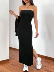 SHEIN EZwear 素色高衩抹胸洋裝和短上衣 - 黑色 - 查看 5