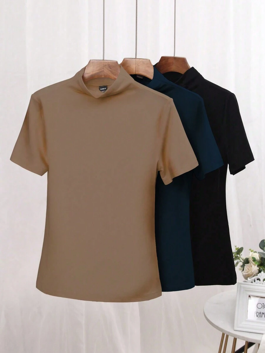 SHEIN LUNE 3 件套高领纯色 T 恤图案 T 恤女式上衣 - 彩色 - 查看 1