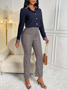 SHEIN Lady Geo Print Shirt and Pants Set - Navy Blue - View 3