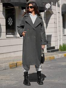 EURMUSE 落肩袖連帽腰帶長款花呢外套 - 深灰色 - 查看 4