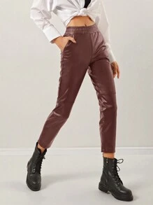 EURMUSE Solid Elastic Waist PU Leather Pants - Rust Brown - View 7