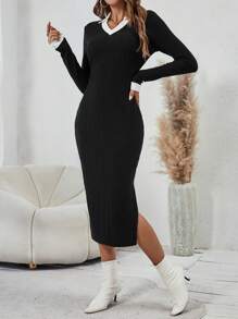 SHEIN Essnce Viền tương phản Tách đùi Đồ đan Ribbed Đầm Không có thắt lưng - màu đen - Xem 6