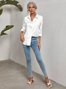 SHEIN Clasi 豹紋提花緞面襯衫 - 白色 - 查看 5