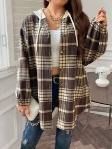 SHEIN Franclia Plus Plaid Print Drop Shoulder Drawstring Hooded Coat - Coffee Brown - View 6