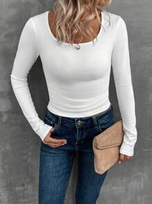 SHEIN Clasi 素色大圓領側收褶T恤 - 白色 - 查看 3